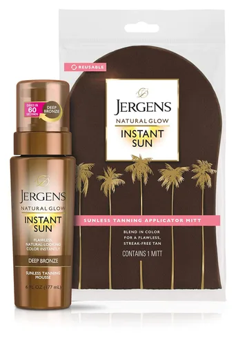 Jergens Natural Glow Instant Sun Body Mousse, bronceado de bronce profundo, autobronceador sin sol de 6 onzas con guante aplicador corporal de