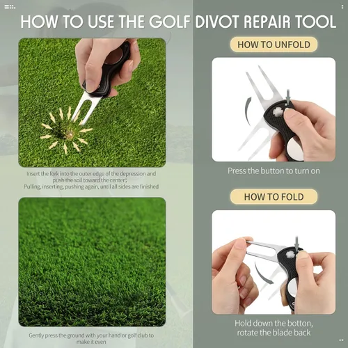 Vista 4 de 6 paquetes de herramientas de reparación de golf de acero inoxidable plegable de golf Divot herramienta magnética de botón de golf marcador