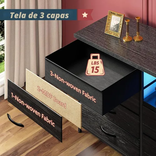 Vista 7 de Romorgniz Cómoda de 63 pulgadas para dormitorio con 12 cajones de tela, cómoda negra con luces LED y tomas de corriente, soporte de TV para TV de 70