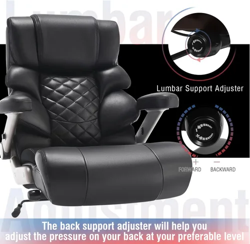 Vista 5 de Silla de oficina grande y alta de 700 libras, soporte lumbar ajustable, base de metal resistente, ruedas de goma silenciosas, respaldo alto, silla