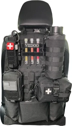 Vista 8 de Organizador de respaldo de asiento Molle 1000D mejorado con bolsas, panel táctico Molle para asiento de automóvil, protector de asiento de asiento