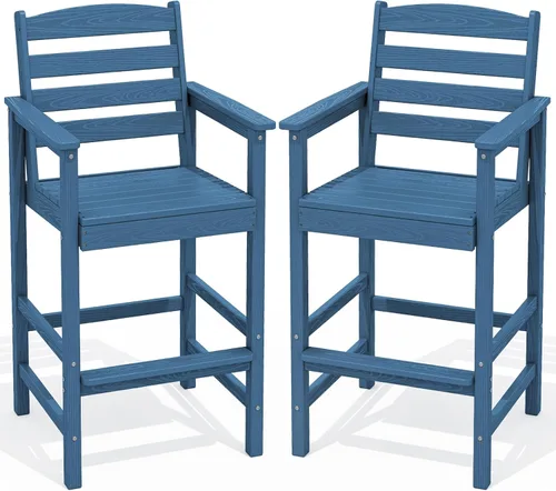 Vista 21 de SERWALL: Juego de 2 sillas Adirondack altas con mesa conectada, taburetes de exterior para todo clima, color azul Aruba