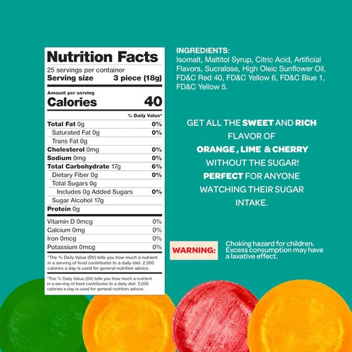 Vista 2 de Mezcla de dulces duros de frutas sin azúcar, paquete de 1 libra (alrededor de 75 unidades), cereza, lima, naranja, envuelta individualmente