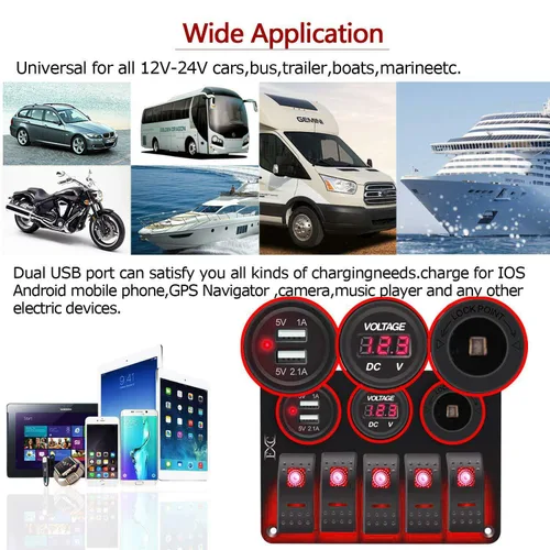 Vista 5 de FXC Interruptor basculante de 5 bandas con doble ranura USB de 5 V 3.1 A + medidor de voltios + encendedor de cigarrillos para lanchas marinas