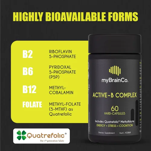 Vista 2 de myBrainCo. Complejo Active-B – Suplemento de vitamina B activada de alta resistencia con folato B2, B6, B12 y metilo – Apoya la energía, la función