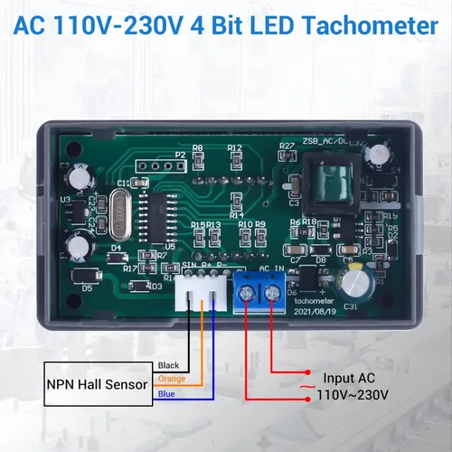 Vista 3 de Tacómetro digital LED, medidor de velocidad Icstation RPM AC 110V 220V Tacómetro de motor digital con sensor de interruptor de proximidad Hall NPN