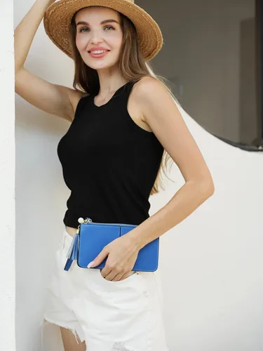 Vista 2 de Befen - Bolso clutch de mano de cuero con correa para teléfono celular, organizador de tarjetas