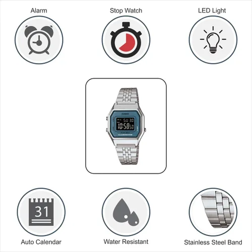 Vista 5 de Casio LA680WA-2BDF - Reloj retro digital para mujer color plateado