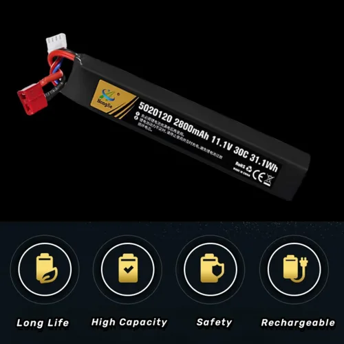 Vista 4 de 11.1V 2800mAh Airsoft Stick Batería T Plug LiPo Batería 3S 30C Pack para pistolas de Airsoft AK47, MP5K, MP5, Cicatriz, M249, AUG, AEG