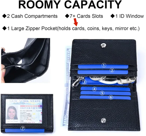 Vista 2 de Fependu Cartera pequeña para mujer, con bloqueo RFID, de piel auténtica, compacta, plegable, con bolsillo, con cremallera, mini monedero