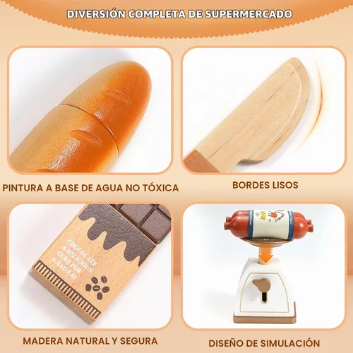 Vista 6 de Pithfor Juego de alimentos de madera para niños pequeños, tienda de comestibles, comida de simulación, compras y juegos, accesorios de cocina