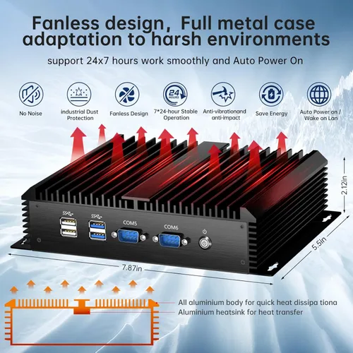 Vista 2 de Mini PC industrial, computadora de escritorio sin ventilador Core i5-4200U 1.6-2.6GHz, Windows 10 Pro, 8G RAM, 256G SSD, 2xNICs, 6xCOM RS232, 4xUSB