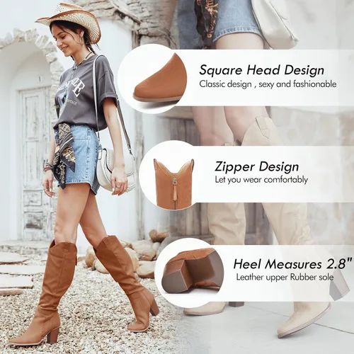 Vista 5 de Coutgo Botas vaqueras altas hasta la rodilla para mujer, botas altas de equitación con tacón de bloque grueso, punta cuadrada