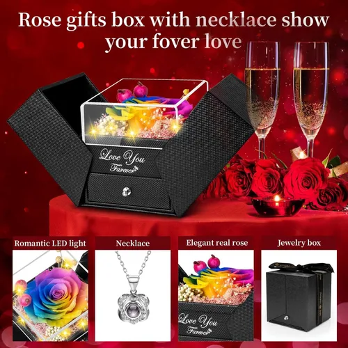 Vista 8 de Rosa preservada real a multicolor y collar con frase “te amo”, flores eternas, regalo de cumpleaños para mujer, mamá, esposa, novia, abuela, en San