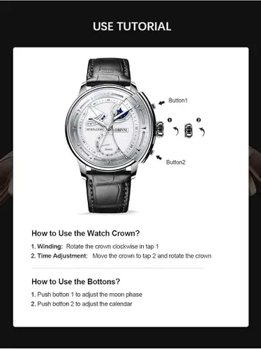Vista 2 de LOBINNI Reloj automático mecánico de fase lunar para hombre, impermeable, vestido de pulsera de lujo de moda para hombre