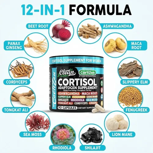 Vista 4 de Suplementos de cortisol Clean Nutra para mujeres Desintoxicación de cortisol con raíz de maca y ashwagandha, reductor + corteza de olmo