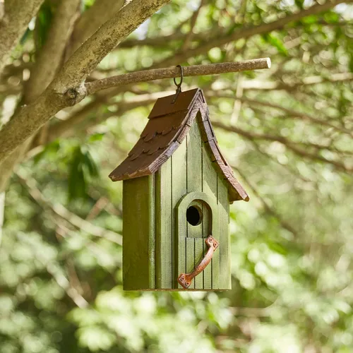Vista 15 de Glitzhome - Casas de pájaros para exterior, casa de pájaros de madera rústica de 10" de alto, casa de pájaros decorativa envejecida para jardín