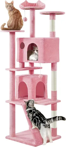 Vista 23 de Yaheetech - Torre de árbol para gatos de 54 pulgadas, con postes para arañar, condominios dobles y bolas colgantes, para gatitos, casa