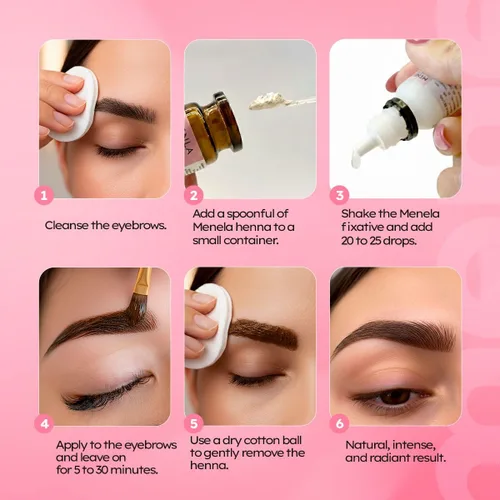 Vista 3 de Menela Kit de tinte para cejas con henna - Color de cejas negro con extracto de bambú - Aspecto natural, fácil aplicación - 2.5g de henna + 15ml