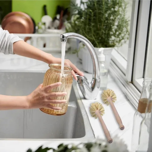 Vista 4 de Gejoy 6 cepillos de madera natural con cerdas largas de mango de madera de haya para limpiar botellas, tazas, tarros, vasos, platos, jarrones