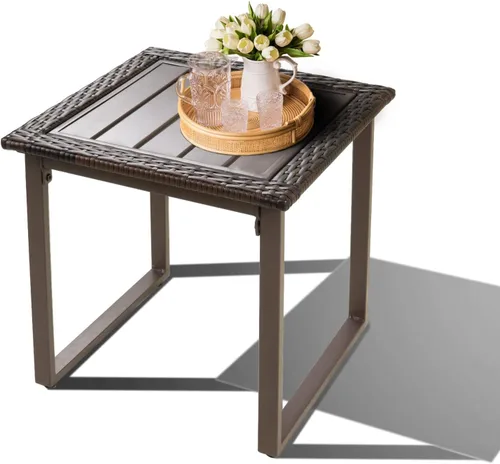 Mesa auxiliar de mimbre al aire libre para patio, mesa auxiliar cuadrada pequeña de ratán para exteriores, mesa de mimbre para porche exterior,