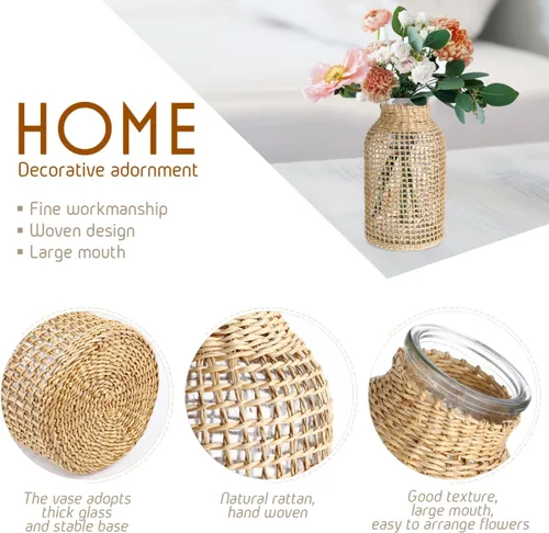Vista 5 de DOITOOL Jarrón de mimbre, florero de vidrio de 8 pulgadas de alto con cubierta de ratán, ratán alto para flores, botella floral bohemia