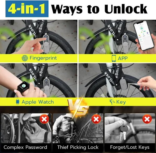 Vista 2 de Eseesmart Cerradura de cadena de bicicleta con huellas dactilares con llaves, cerradura de cadena de bicicleta antirrobo resistente, 3.28 pies