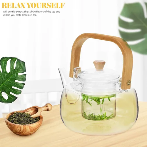 Vista 9 de Tetera de vidrio con infusor, hervidor de té seguro para estufa de 34 onzas para hojas sueltas, teteras de borosilicato para hervir agua, olla