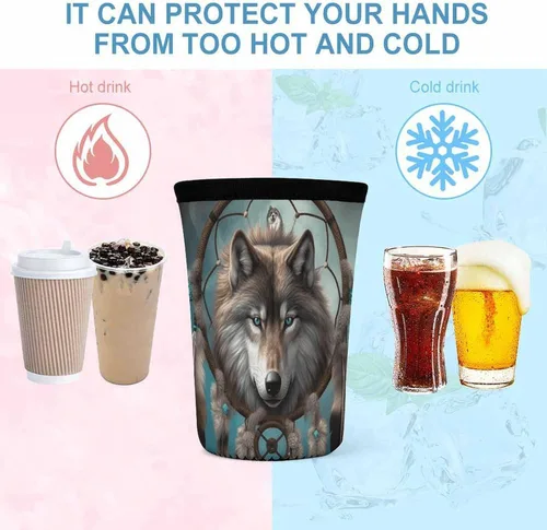 Vista 4 de 3D Wolf Dream Catcher Reusable Insulated Neoprene Iced Coffee Cup Sleeves 3 Sizes Diving Material Cup Durable Beverage Covers for Cold Coffee Tea