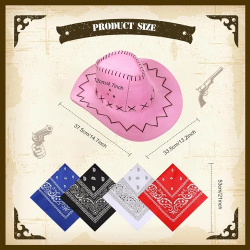 Vista 2 de Juego de 12 sombreros de vaquero del oeste con bandana, sombreros de fiesta de vaquero, bandanas, sombrero de vaquera, sombrero multicolor