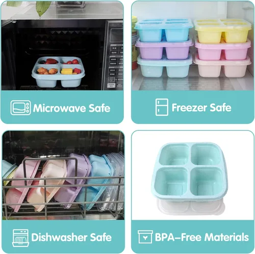 Vista 5 de Finorder Paquete de 3 Contenedores de Paja de Trigo, Caja Bento de Bocadillos Reutilizable de 4 Compartimentos para Niños Pequeños, Contenedores