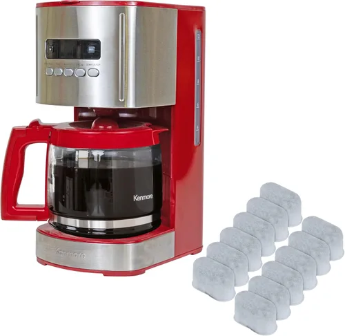Kenmore Aroma Control Cafetera programable para 12 tazas, Máquina de café por goteo roja y de acero inoxidable & Filtro de agua de carbón de