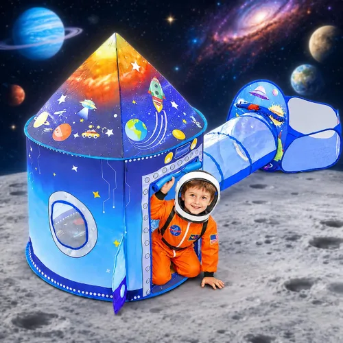 Tienda de campaña 3 en 1 con túnel y pozo de bolas para niños, casa de juegos emergente con temática de astronautas para interiores y exteriores