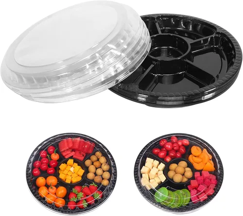 Vista 8 de mwellewm 10 bandejas redondas de plástico para aperitivos con tapa, bandeja dividida para servir, recipientes desechables para almacenamiento