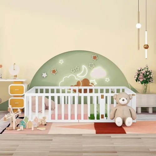 Vista 3 de Cama de plataforma tamaño Queen con valla, marco de cama de piso de madera maciza con puerta, marco de sofá cama tamaño Queen, color blanco