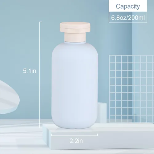Vista 2 de Botellas de champú de viaje de plástico de 6.8 onzas, botellas exprimibles recargables con tapa abatible para artículos de tocador, recipiente