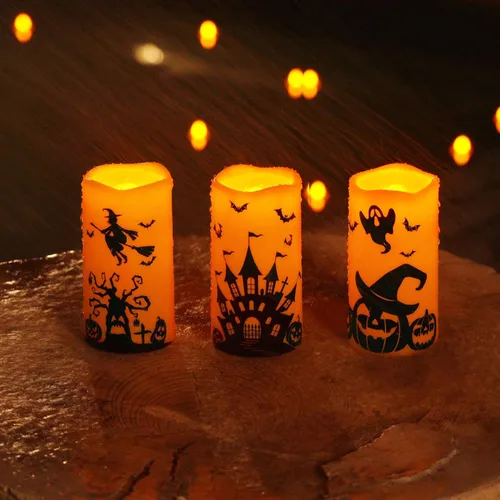 Vista 6 de Homemory Velas de Halloween, Velas sin llama naranjas, Velas LED de pilas con calabaza de Halloween, velas de pilas con control remoto