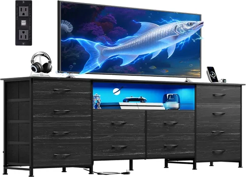 Vista 11 de WLIVE Cómoda de 12 cajones para dormitorio, soporte de TV negro para TV de 65, 70, 75 pulgadas con luz LED y estación de carga, cómoda ancha