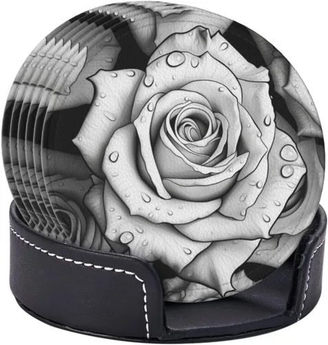Vista 6 de Black White Rose Print 6 Pcs Round Coasters Leather Waterproof Drink Coasters Mugs Mat Pad with Holder for Living Room Kitchen Bar 3.9 Inch