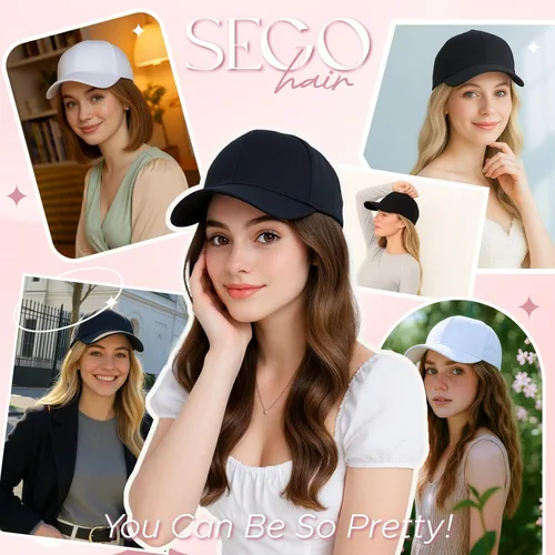 Vista 6 de SEGO Hat Wig, Hat with Hair Attached for Women Black Baseball Cap with Hair Extensions, Short Bob Baseball Cap Wig Adjustable Hats for Daily Party
