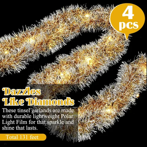 Vista 28 de Ceenna 4 guirnaldas de oropel de Navidad de 32.8 pies con 100 luces LED de 32.8 pies para colgar en la pared, árbol de Navidad, decoración