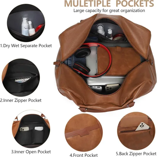 Vista 4 de Wogarl Bolsa de fin de semana para mujeres y hombres, bolsa grande de viaje, Marrón claro, Moda