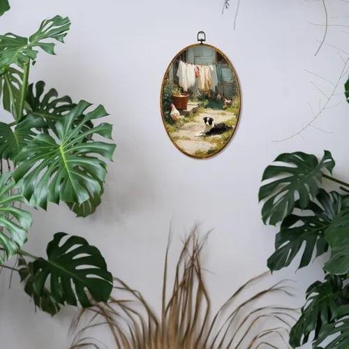 Vista 4 de Hiuwevt Decoración de pared ovalada rústica para el día de la lavandería, impresiones de lienzo retro con marco de perro de campo, decoración