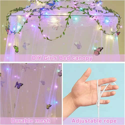 Vista 7 de FIOBEE Toldo de Cama para Habitación de Niñas, Cortinas de Dosel con Luces LED, Mosquitero con Red de Malla, Decoración DIY de Habitación