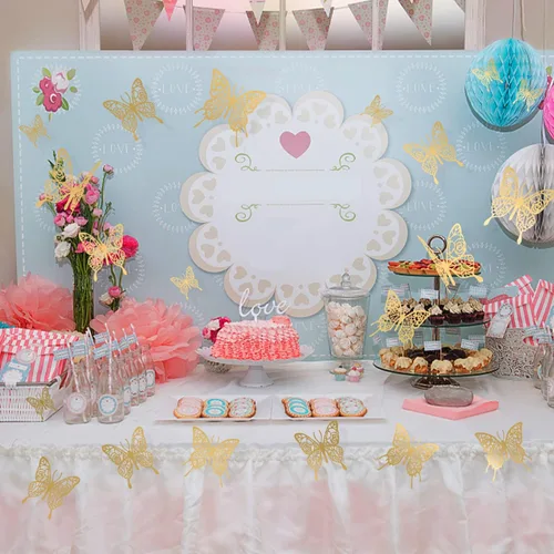 Vista 6 de Calcomanías de mariposa dorada de Navidad, 48 unidades, 3 tamaños, 4 estilos, decoraciones de fiesta de mariposa, globos, decoraciones de pastel