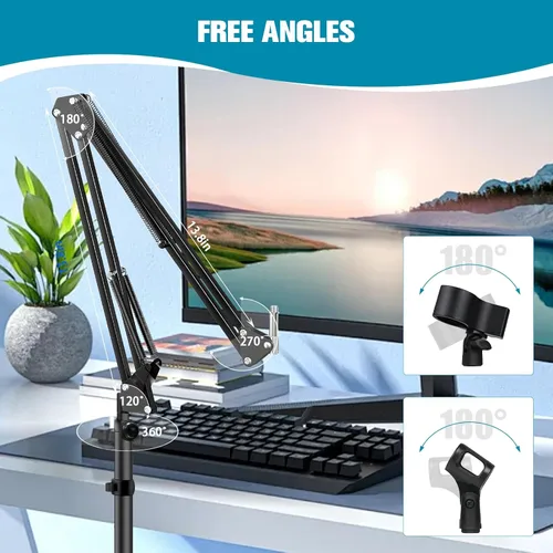 Vista 4 de BILIONE Soporte de micrófono con base ponderada, soporte de micrófono de piso con brazo de boom y bandeja de accesorios para micrófono, soporte