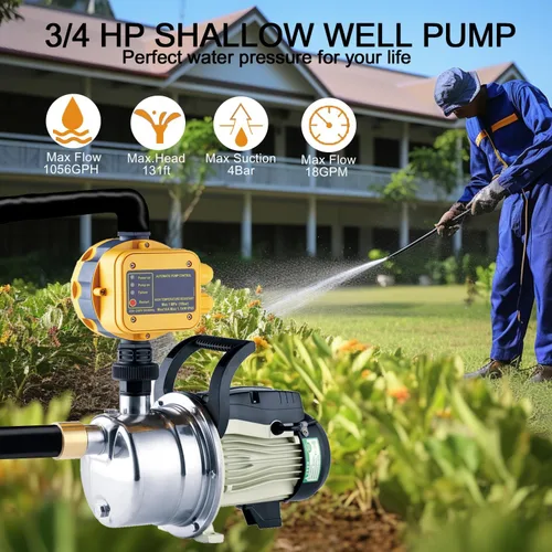 Vista 2 de Bomba de presión de agua de 3/4 HP para el hogar, bomba de chorro de pozo poco profundo de acero inoxidable de 110 V para el hogar, jardín, 1056 GPH
