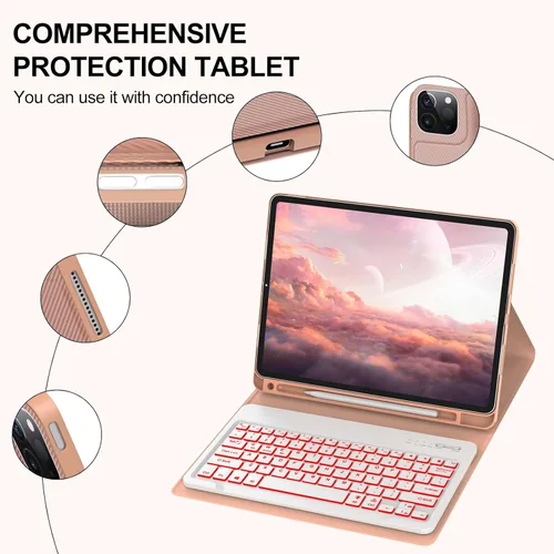Vista 2 de Funda para iPad Pro de 12.9 pulgadas con teclado, desmontable, Bluetooth, inalámbrico, retroiluminada, fundas con soporte para lápiz para iPad Pro