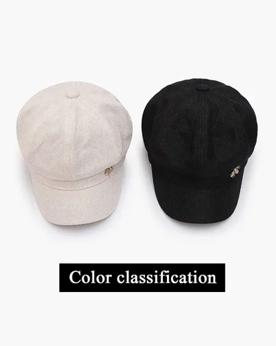 Vista 4 de Boina de ala para mujer, gorra de boina lisa con insignia de abeja, gorra de boina elástica para todas las estaciones, sombrero de pintor con solapas