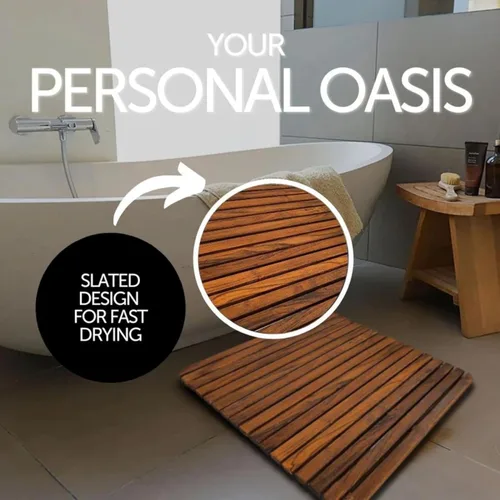 Vista 5 de Alfombrilla de ducha y baño de estilo nórdico Premium de teca para uso interior + exterior Plataforma de madera antideslizante para spa, sauna